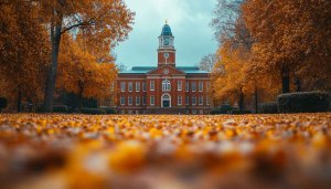Autumn College Building Wallpaper, Fall Leaves Mobile Background, 4K Desktop
