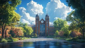 Brick Building Wallpaper With Clock Tower for Desktop Background 4K