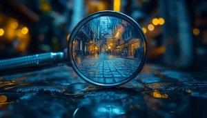 Cityscape Street View Through Magnifying Glass Mobile Wallpaper