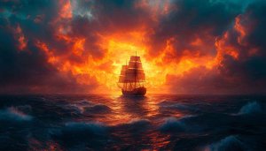 Sailing Ship on Fiery Seas Wallpaper for Desktop Background Use