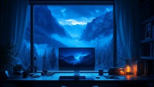 Mountain Valley Desktop Wallpaper, Room View, Computer Background, Dark Blue