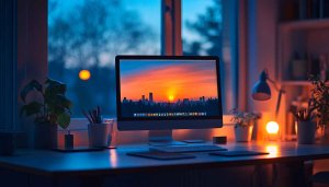 Cozy Workspace with Sunset Skyline Computer Screen Wallpaper