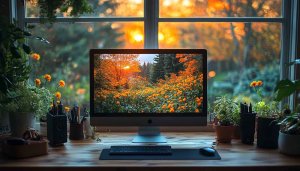 Autumn Forest Landscape on iMac Desktop Background 4K Wallpaper