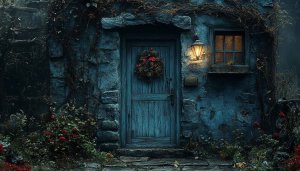 Rustic Blue Cottage Door 4K Desktop Background Mobile Wallpaper