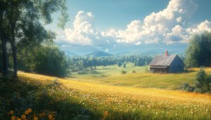 Blooming Meadow Barn Scene Wallpaper 4K Desktop Background Nature Landscape