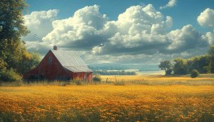 Red Barn Farmhouse with Field of Flowers Mobile Desktop Wallpaper