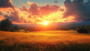 Golden Field Sunset 4K Desktop Wallpaper, Mountain Landscape Background
