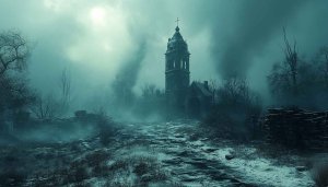 Eerie Church Fog Winter 4K Desktop Background Mobile Wallpaper