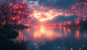 Pink Cherry Blossom Lake Sunset 4K Desktop Mobile Wallpaper