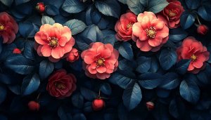Aesthetic Floral Arrangement Wallpaper, Coral Roses and Blue Leaves