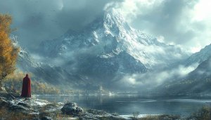Snowy Mountain Lake 4K Wallpaper: Red Cloak Figure Scenery