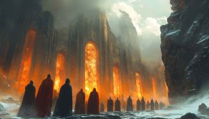 Fantasy Fiery Temple Mobile Wallpaper HD, Dramatic Cloaked Figures Art