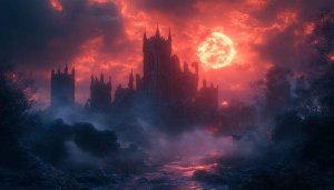 Spooky Castle Red Moon 4K Desktop Wallpaper Free Download
