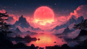 Blood Moon Over Mountains Scenery 4K Desktop Background Wallpaper