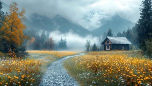 Rustic Cabin in Misty Mountains Field Wallpaper for Desktop Background