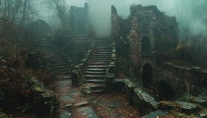 Spooky Ruined Castle Steps Mobile Background Wallpaper for Dark Aesthetic
