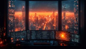 Cyberpunk Cityscape at Sunset Multiple Monitors Desktop Wallpaper 4K