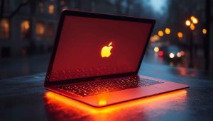 Glowing Red Apple Laptop 4K Desktop Wallpaper Background Free