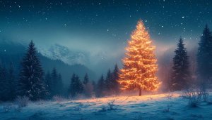 Glowing Christmas Tree Winter Landscape 4K Desktop Mobile Background Wallpaper