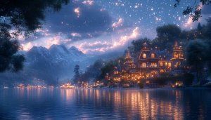 Magical Lakeside Village Night Mobile Wallpaper, Free Desktop Backgrounds