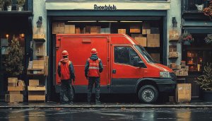 Red Delivery Van With Workers 4K Desktop Background Wallpaper