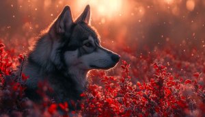 Wolf Portrait Red Flowers Field 4K Desktop Mobile Wallpaper