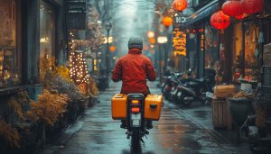 Delivery Rider Wet Street Aesthetic Asian Town Mobile Wallpaper