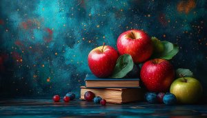 Red Apples Books Still Life 4K Desktop Wallpaper Backgrounds