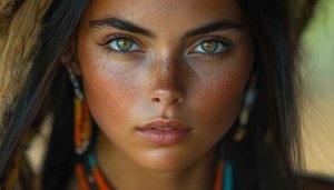 Native American Woman Portrait Mobile Wallpaper, Green Eyes Close Up