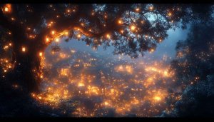 Fantasy Glowing Village Night Tree Lights 4K Desktop Wallpaper