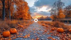 Autumn Forest Path Pumpkins 4K Desktop Background Mobile Wallpaper