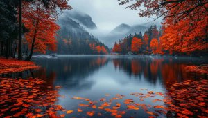 Autumn Lake Desktop Wallpaper, Orange Trees, Misty Mountain Background
