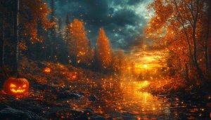 Halloween Pumpkin Forest 4K Desktop Wallpaper, Autumn Scenery Background