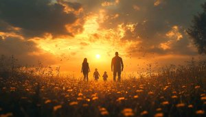 Family Silhouette at Sunset Field 4K Desktop Wallpaper Background