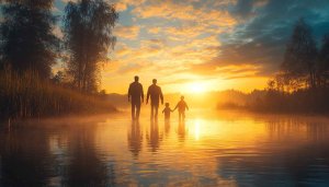 Family Silhouette Lake Sunset 4K Desktop Wallpaper Free Nature Background