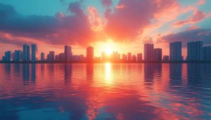 Beautiful Cityscape Sunset Reflection 4K Desktop Background Mobile Wallpaper
