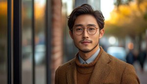 Asian Man Portrait Wearing Glasses Autumn Fashion 4K Wallpaper