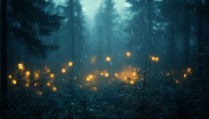 Rainy Forest with Glowing Lights 4K Desktop Wallpaper