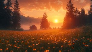 Orange Sunset Mountain Cabin Field 4K Desktop Mobile Wallpaper