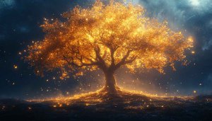 Golden Enchanted Tree 4K Desktop Wallpaper, Magical Forest Scenery