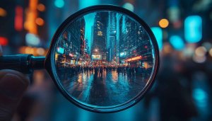 Cityscape Magnifying Glass 4K Wallpaper, Urban Night Mobile Background