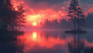 Fiery Sunset Lake Scenery 4K Desktop Background Mobile Wallpaper