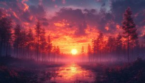 Sunset Forest River 4K Desktop Background Wallpaper, Purple Sky Aesthetic