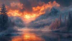Fiery Sunset Winter Mountain Lake Scenery 4K Desktop Wallpaper