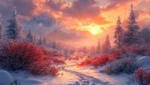 Winter Sunset Mountain 4K Wallpaper Snow Path Desktop Background