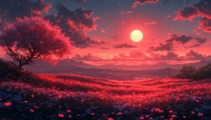 Dreamy Red Sunset Field Flowers 4K Desktop Mobile Wallpaper