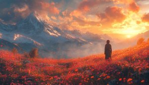 Woman Mountain Landscape Poppy Field Scenery Mobile Wallpaper Background