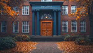 Autumn Leaves University Building Wallpaper for Desktop and Mobile