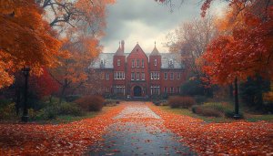Autumn Mansion Aesthetic 4K Desktop Background Fall Season Wallpaper