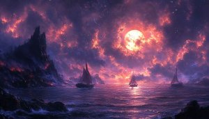 Fiery Moonlit Ocean Scene 4K Desktop Background Wallpaper